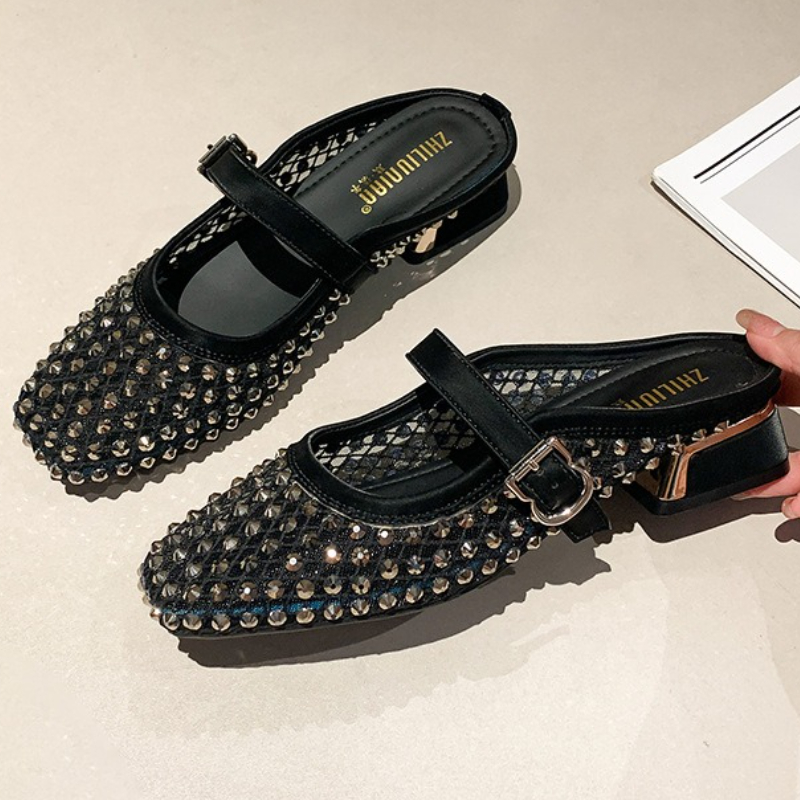Mule Slip On - Pantofole con tacco grosso con strass